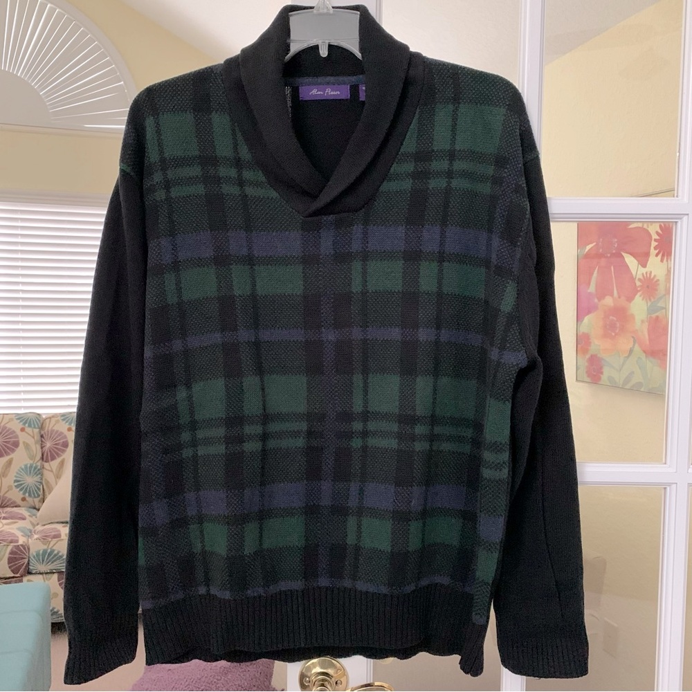 Alan Flusser Black and Green Plaid V-Neck Sweater